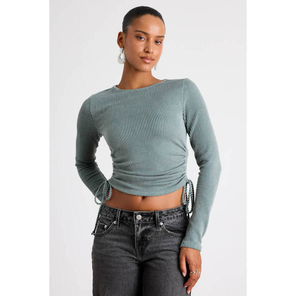 Lulus Sweet Ease Sage Green Textured Ribbed Ruched Long Sleeve Top - Size L
